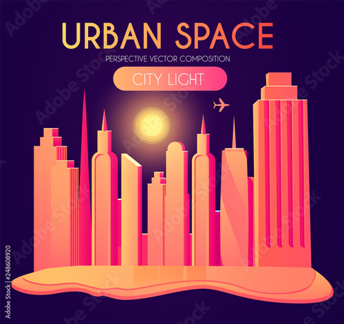 3D City Concept. Urban Background with Skyscrappers. Perspective Scene.