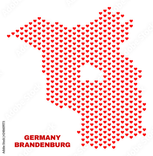 Mosaic Brandenburg Land map of valentine hearts in red color isolated on a white background. Regular red heart pattern in shape of Brandenburg Land map. Abstract design for Valentine decoration.