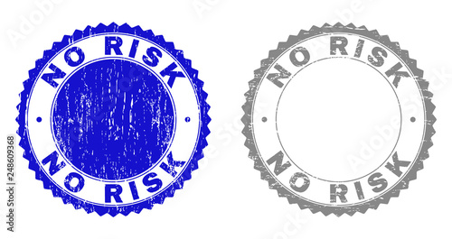 Grunge NO RISK stamp seals isolated on a white background. Rosette seals with grunge texture in blue and grey colors. Vector rubber stamp imitation of NO RISK text inside round rosette.