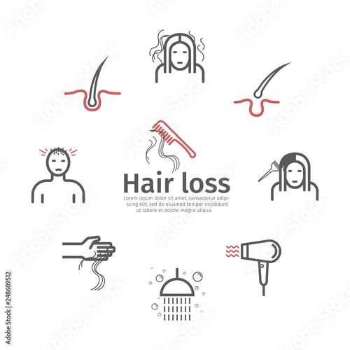 Hair Loss banner. Line icons set. Vector signs for web graphics. Infographics