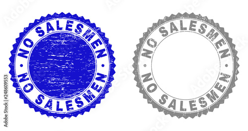 Grunge NO SALESMEN stamp seals isolated on a white background. Rosette seals with distress texture in blue and grey colors. Vector rubber stamp imprint of NO SALESMEN caption inside round rosette.