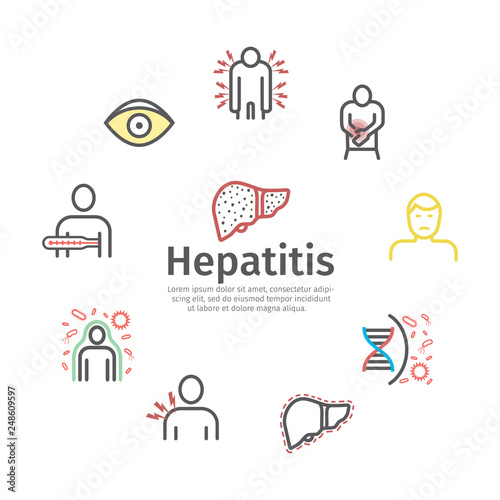Hepatitis banner, line icon Infographics. Vector signs for web graphics.
