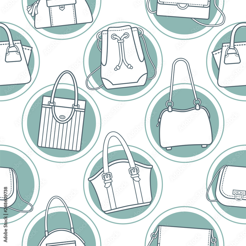 Women’s handbags pattern. Seamless pattern made with a set of bags on green circles. The bags are drawn with simple thin lines. Women’s handbags pattern. Seamless pattern made with a set of bags on green circles. The bags are drawn with simple thin lines.