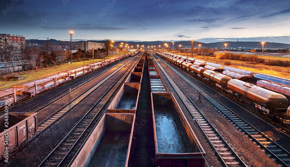Container Freight Train in Station, Cargo railway transportation industry Container Freight Train in Station, Cargo railway transportation industry