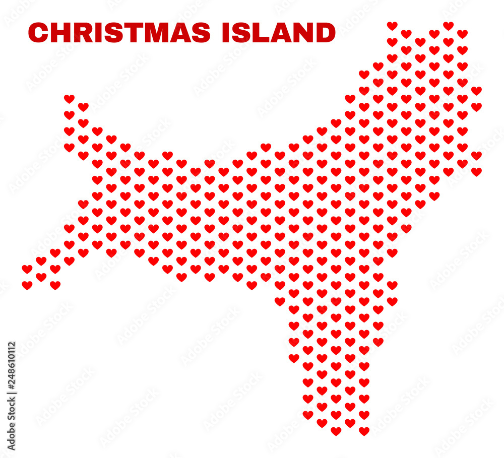 Mosaic Christmas Island map of heart hearts in red color isolated on a white background. Regular red heart pattern in shape of Christmas Island map. Abstract design for Valentine decoration.