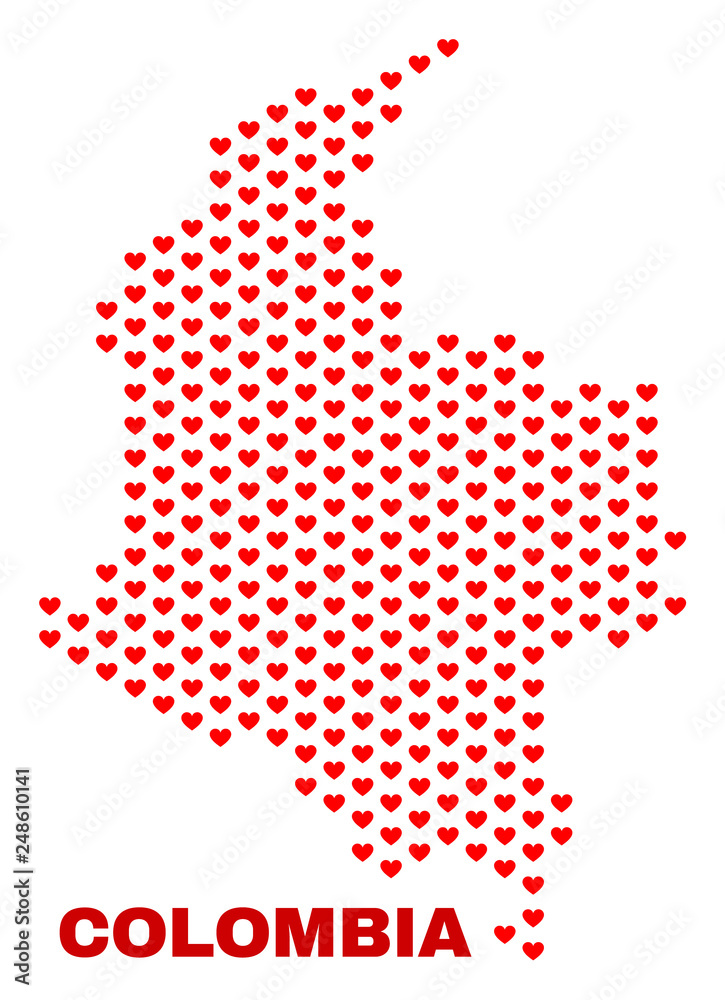 Mosaic Colombia map of valentine hearts in red color isolated on a white background. Regular red heart pattern in shape of Colombia map. Abstract design for Valentine decoration.