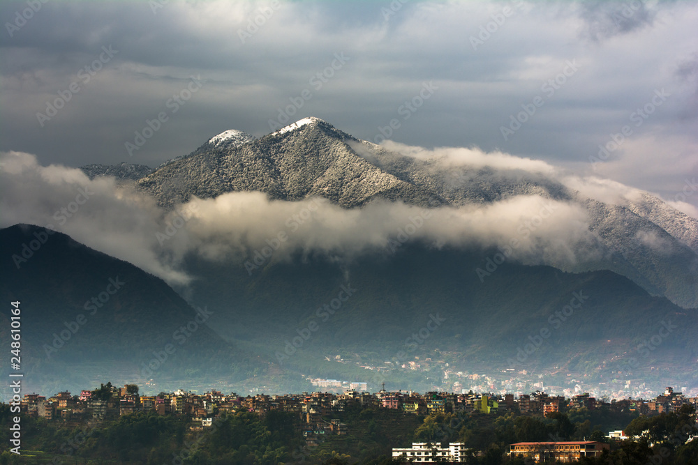 Snowfall, snow covered hill pick from Kathmandu, Nepal, 9 Feb, 2019