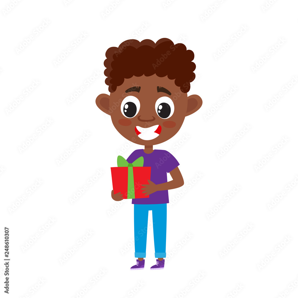 Vector illustration of african boy with gift isolated on white.