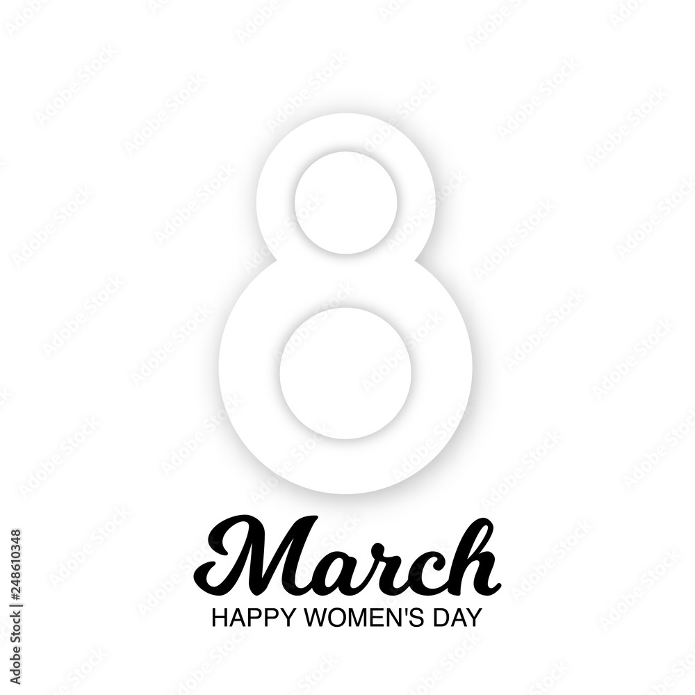8 March greeting card to International Women's Day. 3d paper cut number 8 on white backdrop. Trendy banner, tag, flyer, postcard, poster design.