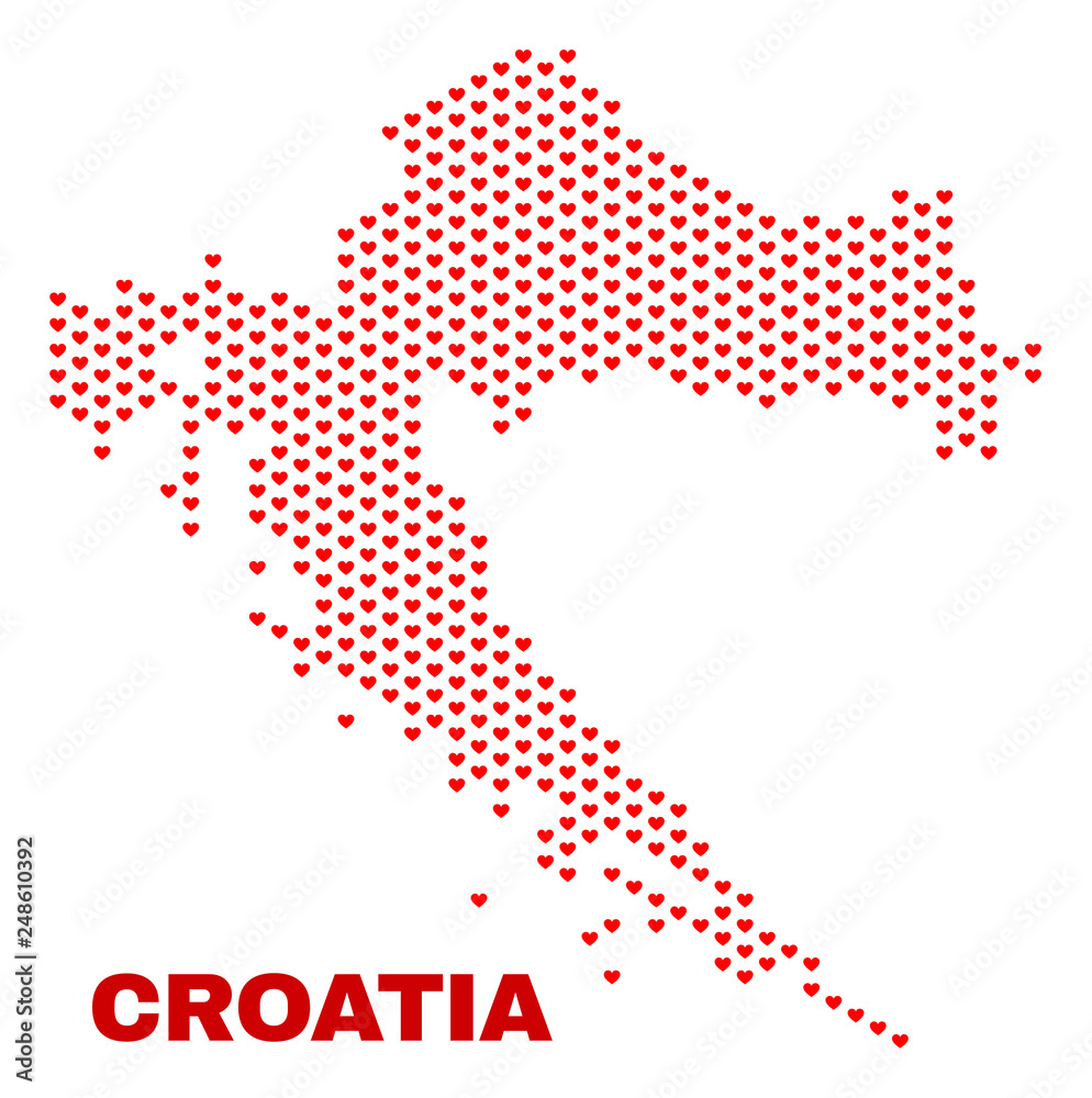 Mosaic Croatia map of heart hearts in red color isolated on a white background. Regular red heart pattern in shape of Croatia map. Abstract design for Valentine decoration.