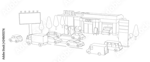 Filling station. Refilling fuel, motorway road shop, repair service. Petroleum gas station and cars. Petrol tank, gasoline. Gray lines outline contour style.