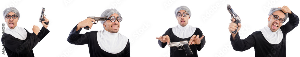Man in nun dress with handgun Man in nun dress with handgun