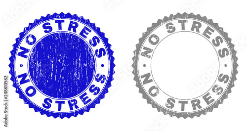 Grunge NO STRESS stamp seals isolated on a white background. Rosette seals with grunge texture in blue and gray colors. Vector rubber stamp imprint of NO STRESS caption inside round rosette.