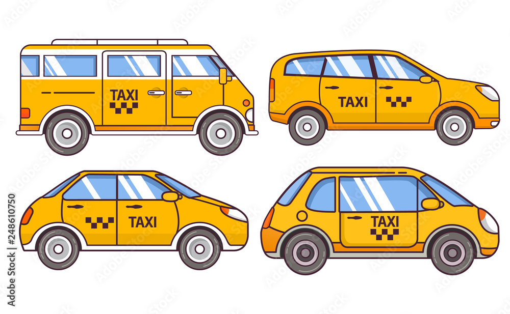 Yellow taxi cab icon.Car hatchback,sedan,SUV side view. Vehicle city.Minivan,sedan.Flat vector. 