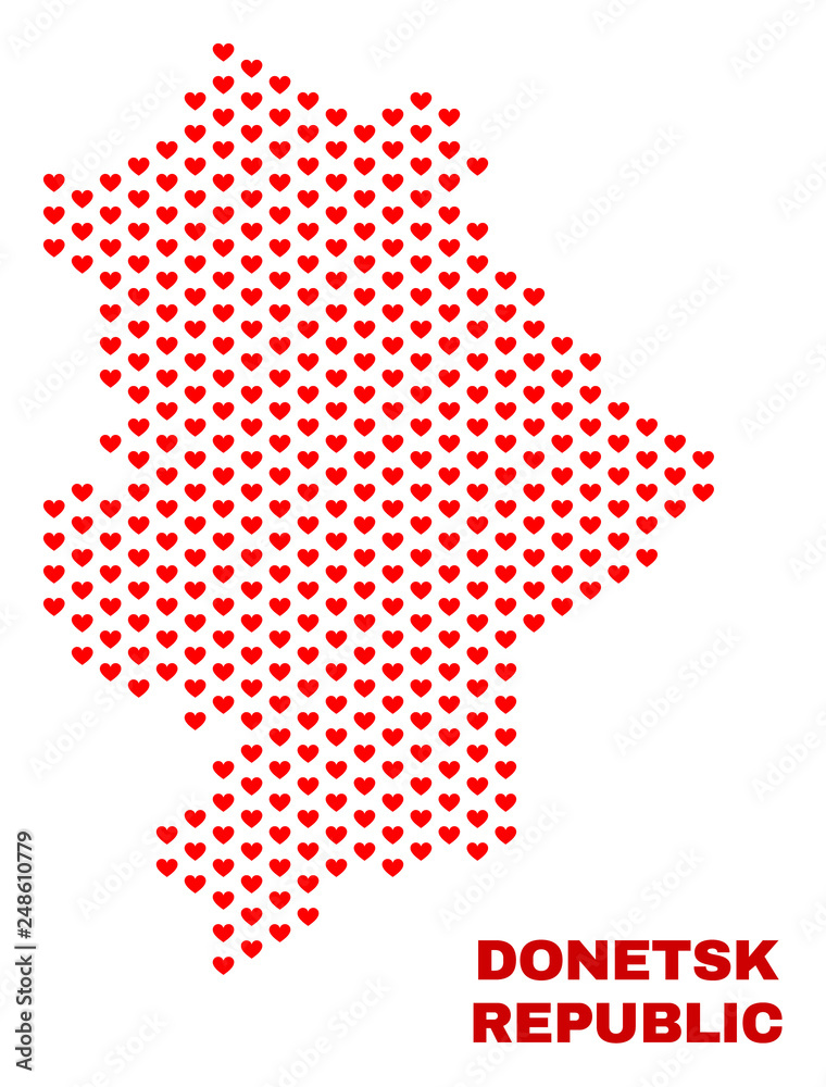Mosaic Donetsk Republic map of valentine hearts in red color isolated on a white background. Regular red heart pattern in shape of Donetsk Republic map. Abstract design for Valentine illustrations.