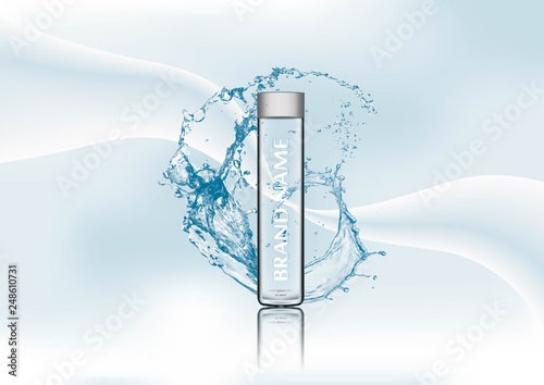 Vector illustration of realistic glass bottle for water and drink with gray lid on transparent background.Realistic mockup of glass container with batcher.Abstract stylish gradient background.