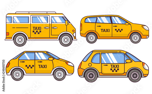 Yellow taxi cab icon.Car hatchback sedan SUV side view. Vehicle city.Minivan sedan.Flat vector. 