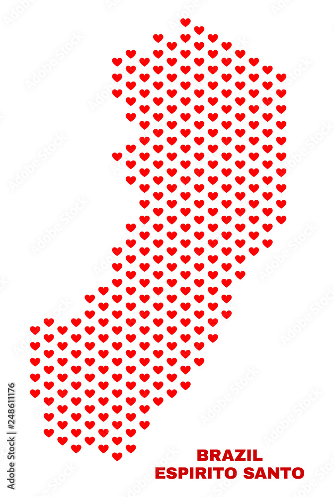 Mosaic Espirito Santo State map of valentine hearts in red color isolated on a white background. Regular red heart pattern in shape of Espirito Santo State map.