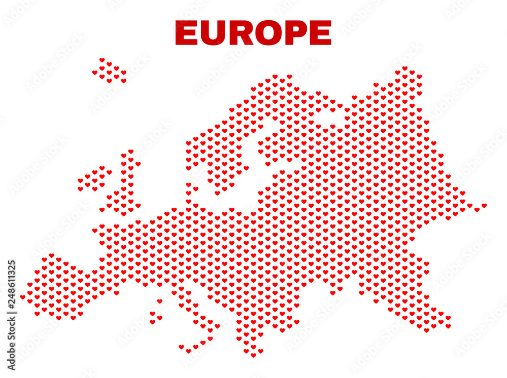 Mosaic Europe map of love hearts in red color isolated on a white background. Regular red heart pattern in shape of Europe map. Abstract design for Valentine decoration.