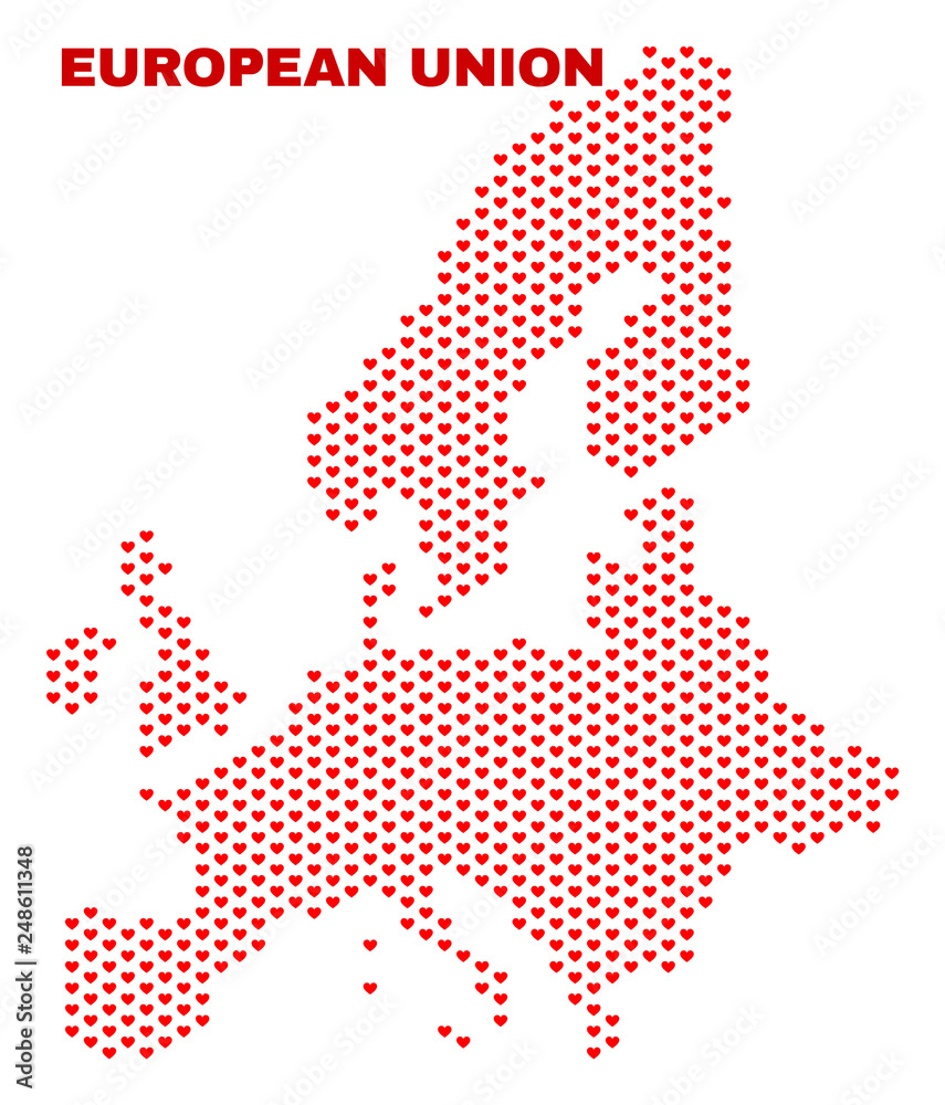 Mosaic European Union map of heart hearts in red color isolated on a white background. Regular red heart pattern in shape of European Union map. Abstract design for Valentine illustrations.