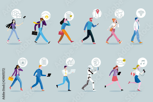 Set of business people walking using their mobile devices
