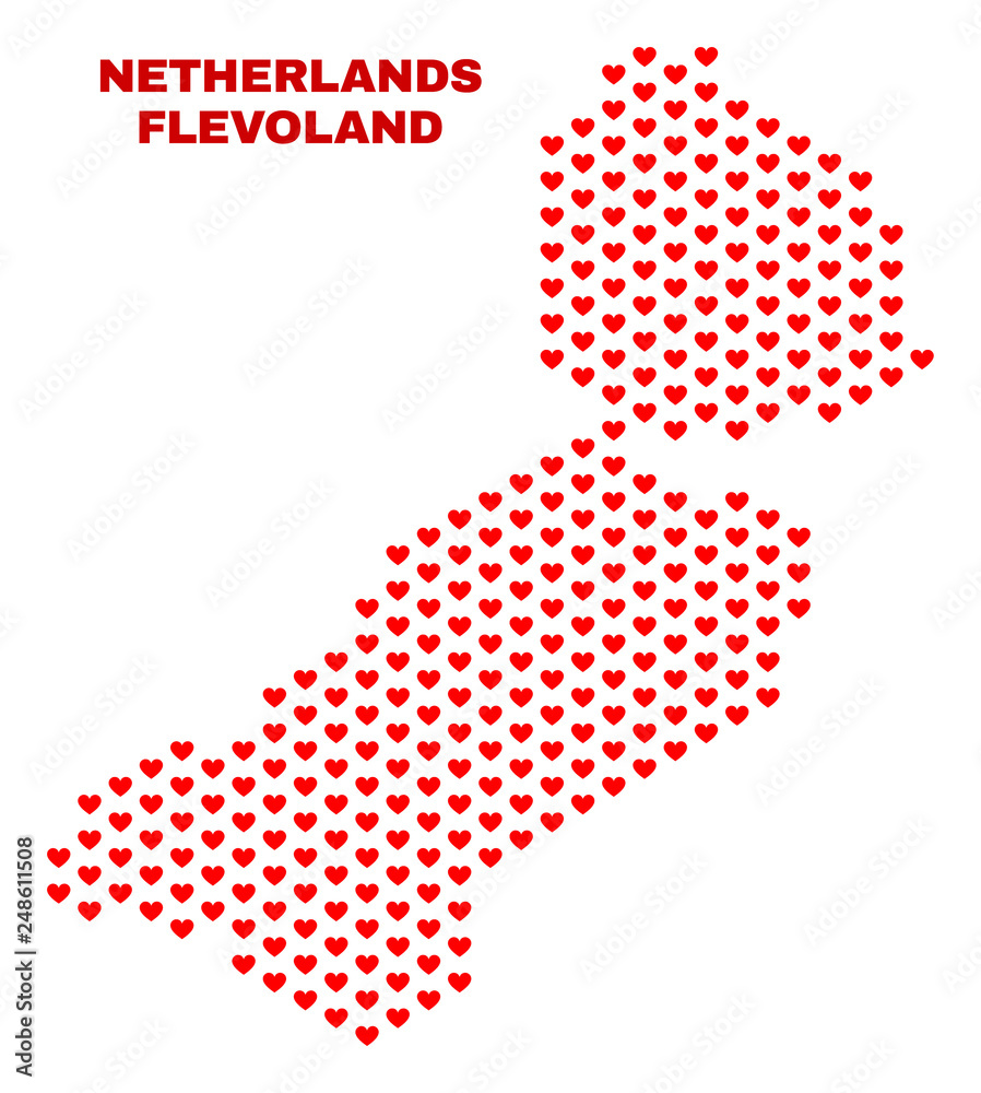 Mosaic Flevoland Province map of heart hearts in red color isolated on a white background. Regular red heart pattern in shape of Flevoland Province map. Abstract design for Valentine illustrations. Mosaic Flevoland Province map of heart hearts in red color isolated on a white background. Regular red heart pattern in shape of Flevoland Province map. Abstract design for Valentine illustrations.