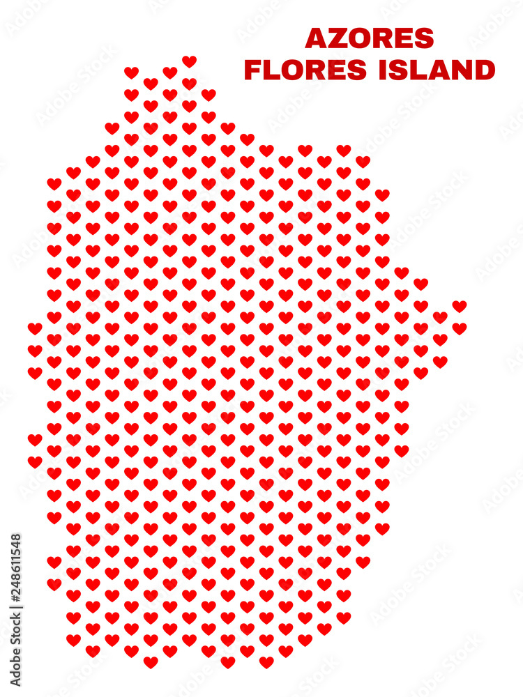 Mosaic Flores Island of Azores map of valentine hearts in red color isolated on a white background. Regular red heart pattern in shape of Flores Island of Azores map.