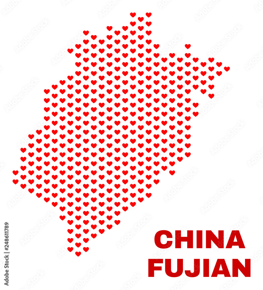 Mosaic Fujian Province map of love hearts in red color isolated on a white background. Regular red heart pattern in shape of Fujian Province map. Abstract design for Valentine illustrations.