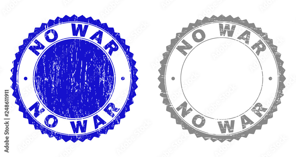 Grunge NO WAR stamp seals isolated on a white background. Rosette seals with grunge texture in blue and gray colors. Vector rubber stamp imprint of NO WAR label inside round rosette.