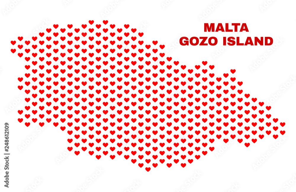 Mosaic Gozo Island map of heart hearts in red color isolated on a white background. Regular red heart pattern in shape of Gozo Island map. Abstract design for Valentine decoration.