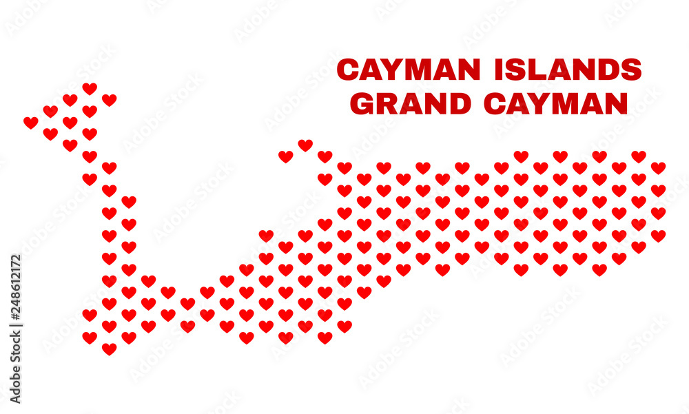 Mosaic Grand Cayman Island map of love hearts in red color isolated on a white background. Regular red heart pattern in shape of Grand Cayman Island map. Abstract design for Valentine decoration. Mosaic Grand Cayman Island map of love hearts in red color isolated on a white background. Regular red heart pattern in shape of Grand Cayman Island map. Abstract design for Valentine decoration.