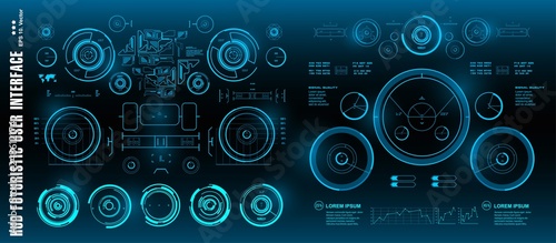 HUD futuristic green user interface, target. Dashboard display virtual reality technology screen