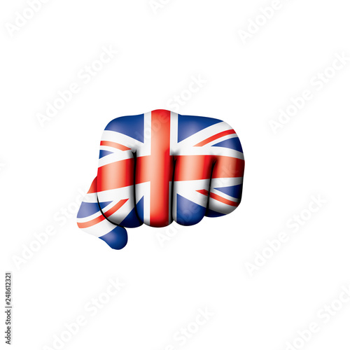 United Kingdom flag and hand on white background. Vector illustration photo