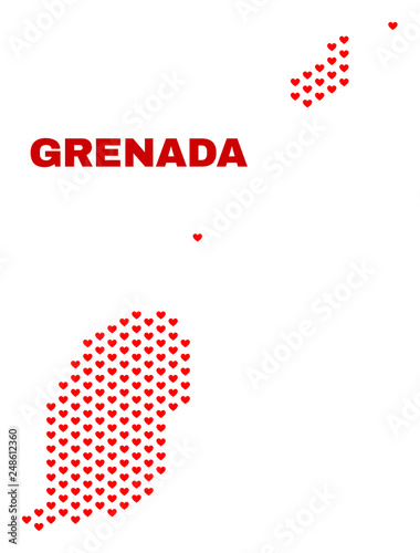 Mosaic Grenada map of heart hearts in red color isolated on a white background. Regular red heart pattern in shape of Grenada map. Abstract design for Valentine decoration.