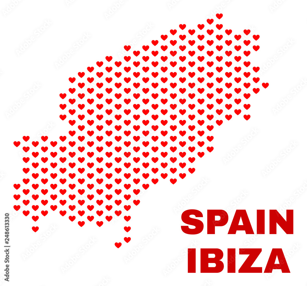 Mosaic Ibiza Island map of love hearts in red color isolated on a white background. Regular red heart pattern in shape of Ibiza Island map. Abstract design for Valentine decoration.