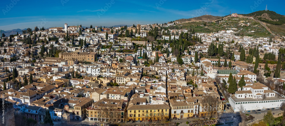 Panoramic view of the city of Granada and neighborhood of the Albaicin from the Alhambra, Granada, Spain