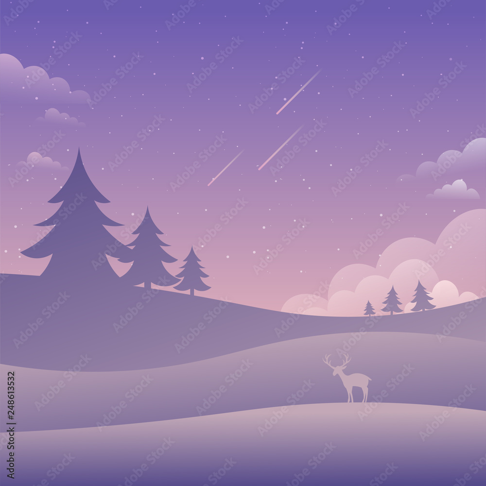 Purple Sky Landscape Falling Stars Nature Background Flat Style Vector Illustration