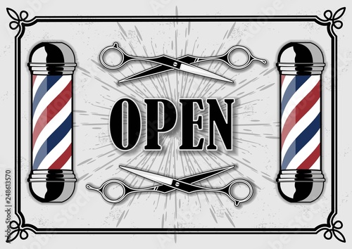 Open sign with hairdressing scissors for barber shop. Vector illustration