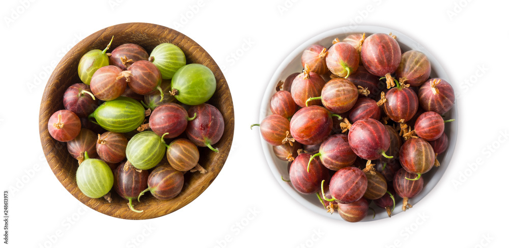 Top view. Gooseberries fruits on white background. Bowls with gooseberries isolated on white background. Red and green gooseberries in a bowl with copy space for text. Ripe gooseberry close-up.