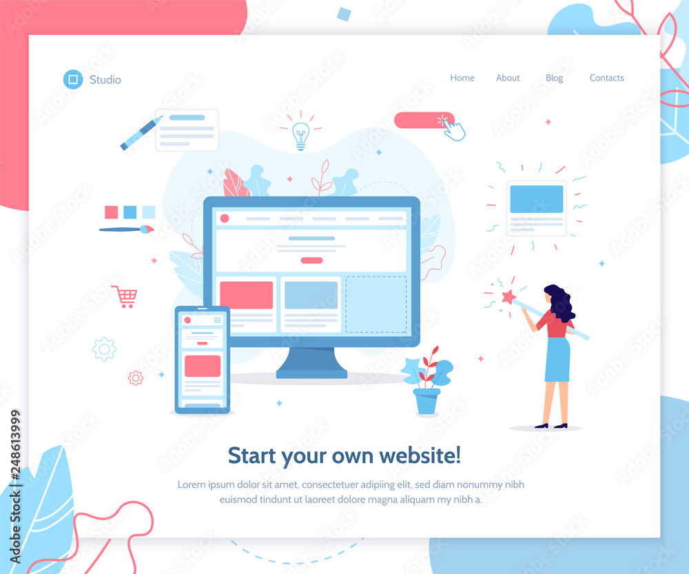 Start your own website. Web banner design template. Website builder concept. Flat vector illustration. Start your own website. Web banner design template. Website builder concept. Flat vector illustration.