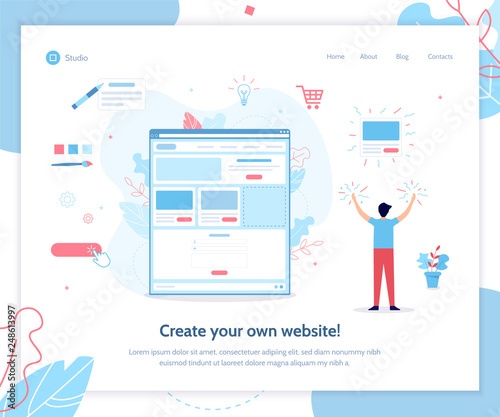 A man creates his own website. Website builder concept. Vector illustration template for landing page. Flat design.