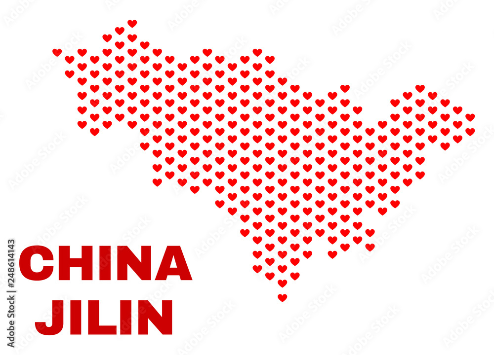 Mosaic Jilin Province map of love hearts in red color isolated on a white background. Regular red heart pattern in shape of Jilin Province map. Abstract design for Valentine illustrations.