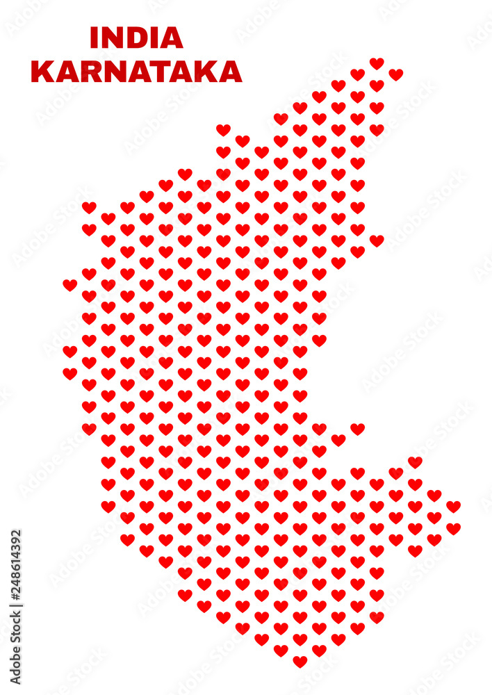 Mosaic Karnataka State map of valentine hearts in red color isolated on a white background. Regular red heart pattern in shape of Karnataka State map. Abstract design for Valentine illustrations.