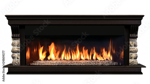 Longest dark wood fireplace isolated on white background