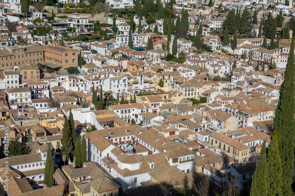 Panoramic view of the city of Granada and neighborhood of the Albaicin from the Alhambra, Granada, Spain Panoramic view of the city of Granada and neighborhood of the Albaicin from the Alhambra, Granada, Spain