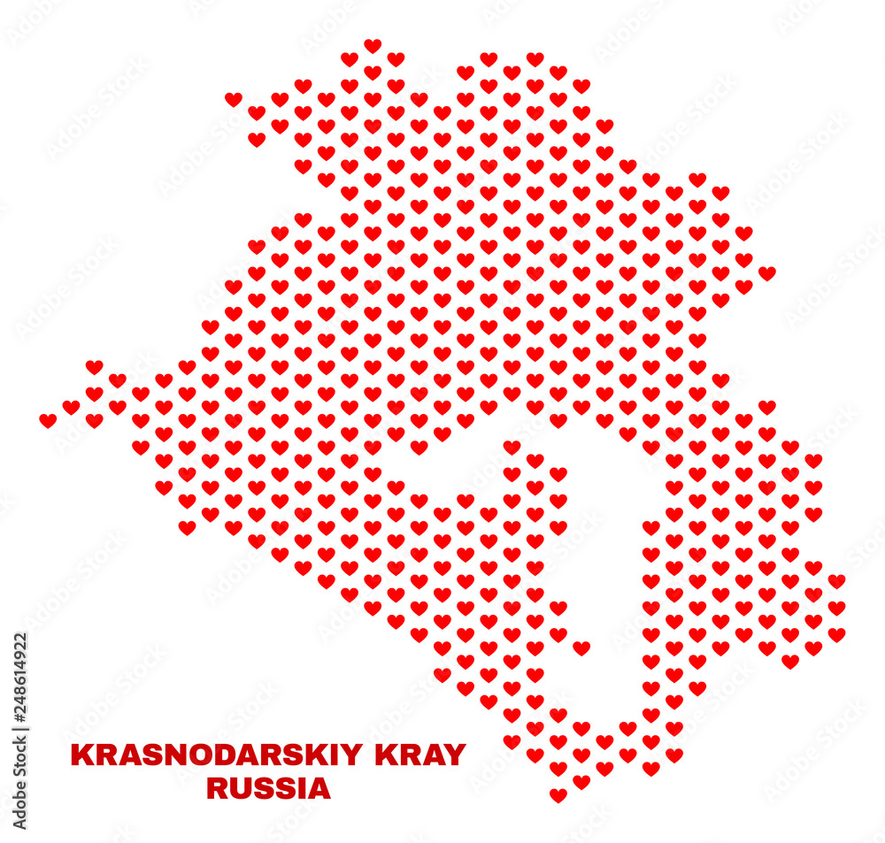 Mosaic Krasnodarskiy Kray map of heart hearts in red color isolated on a white background. Regular red heart pattern in shape of Krasnodarskiy Kray map. Abstract design for Valentine illustrations.