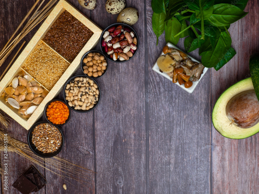 Foods High in Zinc. Top view copy space Foods High in Zinc. Top view copy space