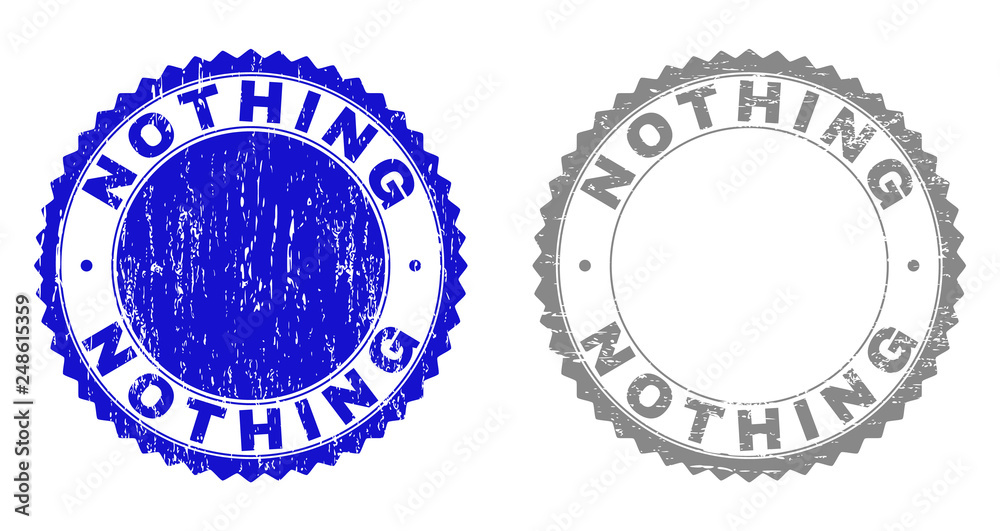 Grunge NOTHING stamp seals isolated on a white background. Rosette seals with grunge texture in blue and grey colors. Vector rubber stamp imitation of NOTHING label inside round rosette. Grunge NOTHING stamp seals isolated on a white background. Rosette seals with grunge texture in blue and grey colors. Vector rubber stamp imitation of NOTHING label inside round rosette.