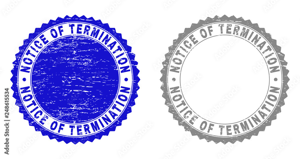 Grunge NOTICE OF TERMINATION stamp seals isolated on a white background. Rosette seals with grunge texture in blue and grey colors. Grunge NOTICE OF TERMINATION stamp seals isolated on a white background. Rosette seals with grunge texture in blue and grey colors.