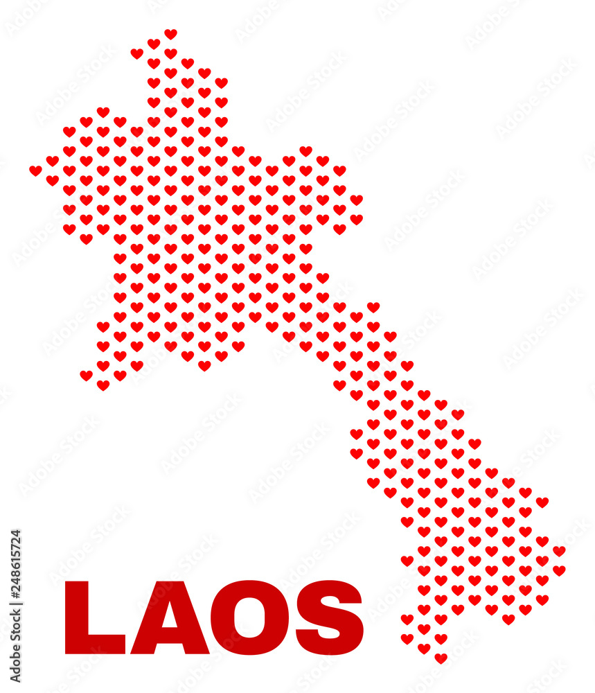 Obraz premium Mosaic Laos map of heart hearts in red color isolated on a white background. Regular red heart pattern in shape of Laos map. Abstract design for Valentine decoration.